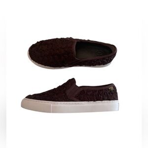 Tory Burch Rosette slipon brown leather fabric blend platform sneaker shoe size6
